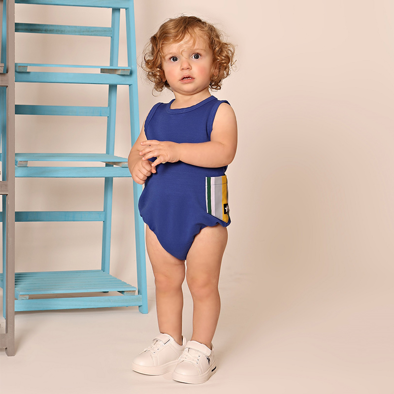 Baby Overall Denim - AA-Baby Romper Blue Knitted Denim Sleeveless